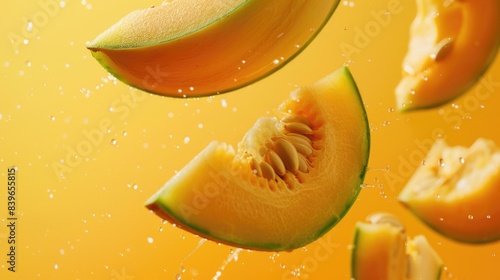 Fresh melon slice in mid-air, capturing a moment of free fall photo