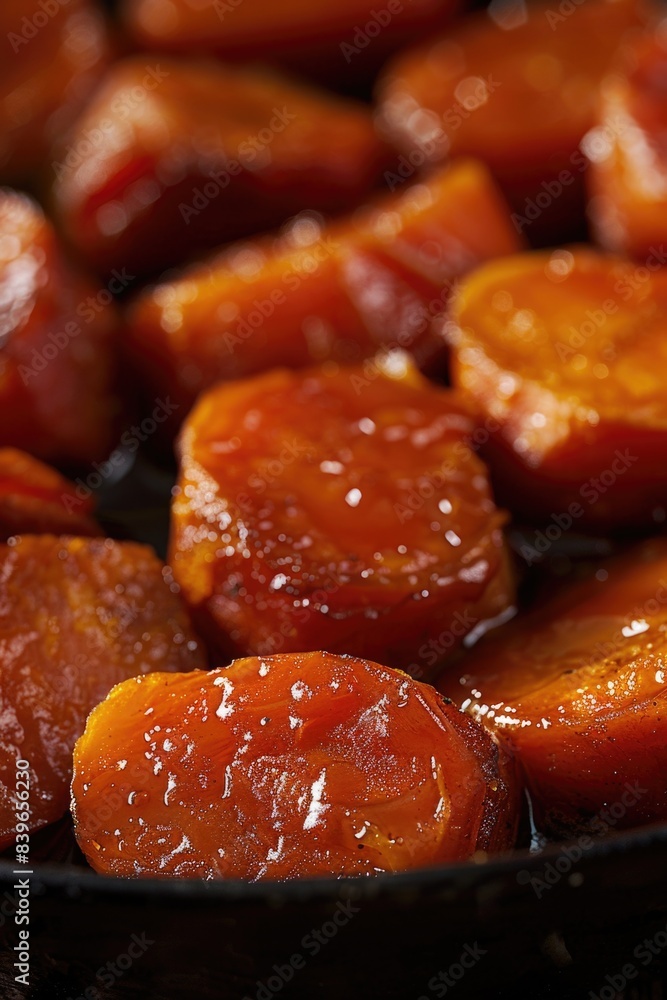 A close-up view of cooked carrots in a pan