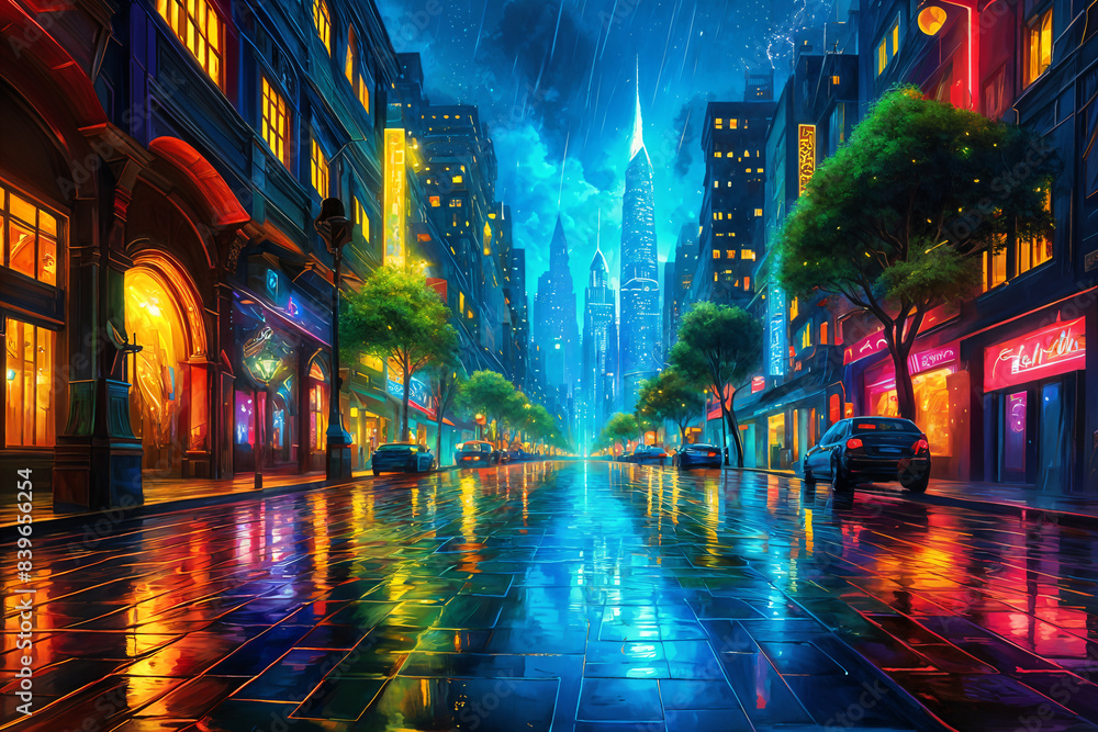 Naklejka premium A city street at night, with tall buildings lining the sides of the road and colorful lights illuminating the scene. The street is wet from recent rainfall, reflecting glows on its surface.