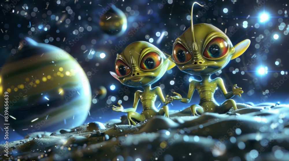 Naklejka premium 3D cartoon aliens in space.