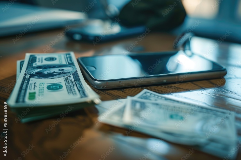 A cell phone is placed on top of a wooden table, ready for use A cell phone is placed on top of a wooden table, ready for use