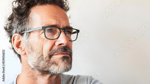 middle aged man with a thoughtful and contemplative look on white backdrop. generative ai photo