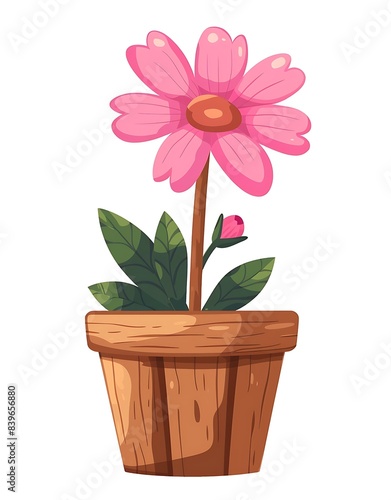 A pink flower growing in an wooden pot  in the style of clip art  simple vector illustration with white background  flat design  minimalist  no shadow  high resolution