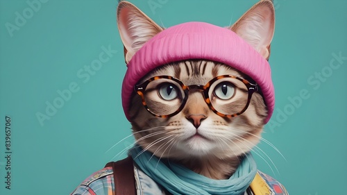 portrait of cute hipster fashion cat wearing dark sunglasses, beautiful colorful background