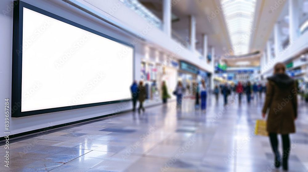 Web banner with copyspace․A blank billboard in an indoor shopping mall with people walking ․ Web banner with copyspace․A blank billboard in an indoor shopping mall with people walking ․