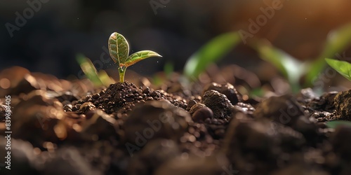 Tiny green sprout growing from the soil towards the sunlight.