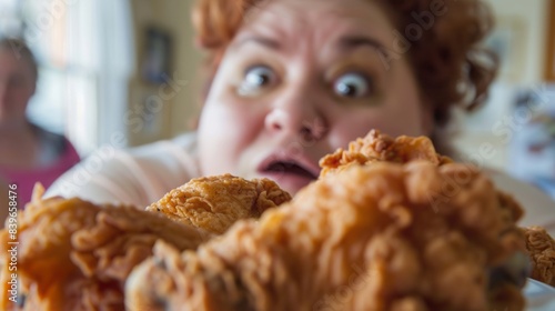 fried chicken close-up with a fat woman in the background.