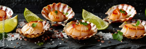 Seared scallops in shells with lime wedges and sea salt on a black slate background. Perfect for gourmet seafood cuisine photo