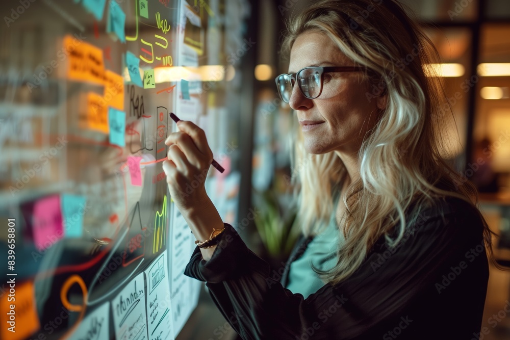 Focused mature woman with glasses writing on a colorful transparent board in a modern office, illustrating creative brainstorming and strategic planning Focused mature woman with glasses writing on a colorful transparent board in a modern office, illustrating creative brainstorming and strategic planning