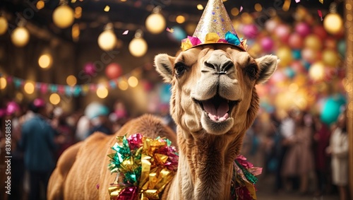camel with open wide mouth surprised wearing a party hat celebrating at a fancy birthday party festive celebration greeting with bokeh light and paper shoot confetti surround photo