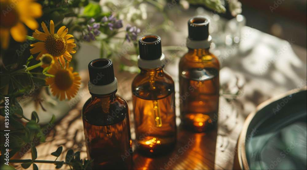 Bottles of aroma oil are spread out on a bright brown table. tranquil vibe. Bottles of aroma oil are spread out on a bright brown table. tranquil vibe.