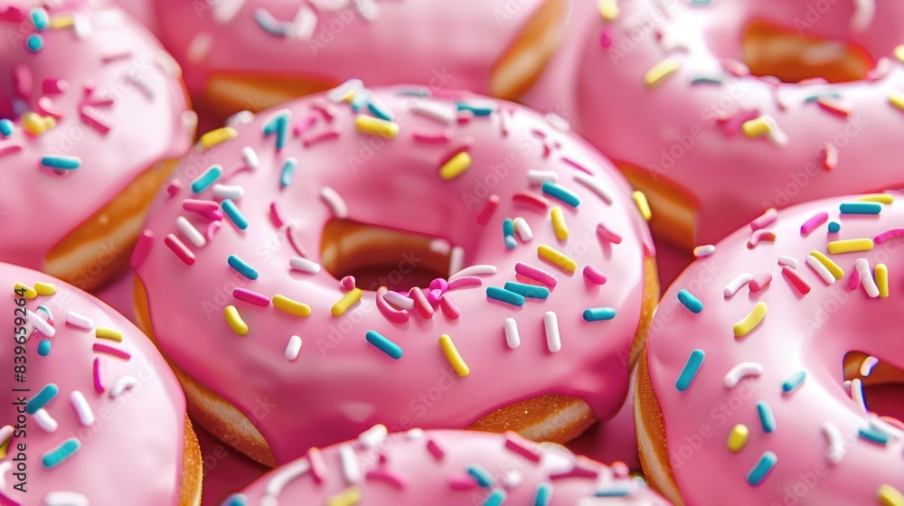 Freshly baked pink donuts topped with colorful sprinkles, perfect for a sweet treat or dessert photography Freshly baked pink donuts topped with colorful sprinkles, perfect for a sweet treat or dessert photography