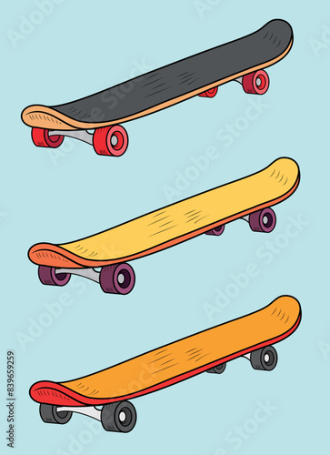 Conjunto de patinetas de diferentes colores, ilustraciones vectoriales.
