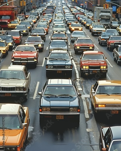 1980s cars in single point perspective on city street creating nostalgic urban scene