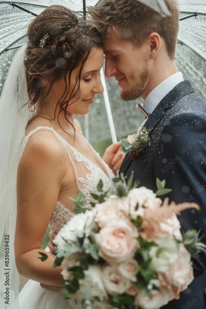 A bride and groom standing together under an umbrella, getting wet in the rain A bride and groom standing together under an umbrella, getting wet in the rain