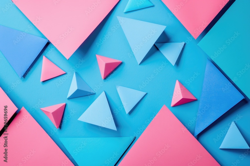 A colorful abstract design featuring triangles on a blue and pink gradient background A colorful abstract design featuring triangles on a blue and pink gradient background