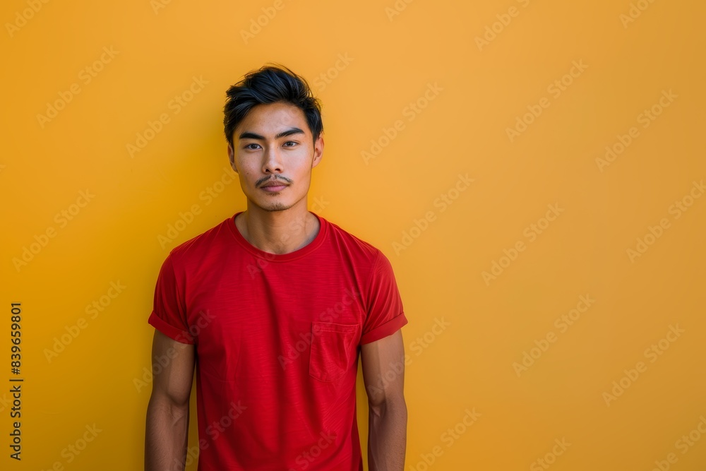 Stylish Asian Male Model in Red T-shirt. Generative AI. Stylish Asian Male Model in Red T-shirt. Generative AI.
