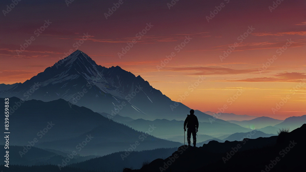 Obraz premium Majestic Mountain Trekker Silhouette - Lone Trekker Admiring Mountain Summit at Sunset.