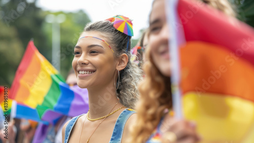 Young Woman with Rainbow Flag at Pride Parade Smiling and Celebrating LGBTQ+ Love and Unity