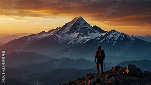 Majestic Mountain Trekker Silhouette - Lone Trekker Admiring Mountain Summit at Sunset.
