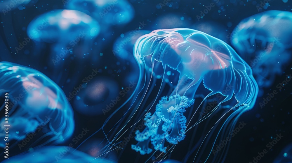 sea with glowing jellyfish-shaped brains. sea with glowing jellyfish-shaped brains.