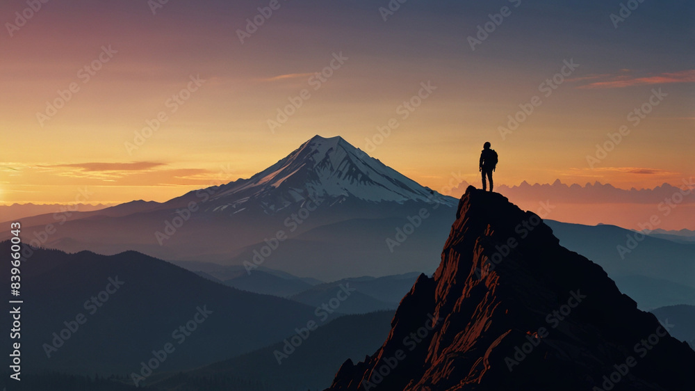 Naklejka premium Majestic Mountain Trekker Silhouette - Lone Trekker Admiring Mountain Summit at Sunset.