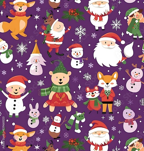 A seamless pattern of cute cartoon characters like Santa  elves and reindeer wearing winter with gifts on a purple background creates a Christmas atmosphere