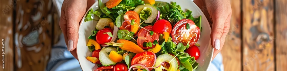 vegetable salad in a plate close-up against the background of a fat woman. vegetable salad in a plate close-up against the background of a fat woman.