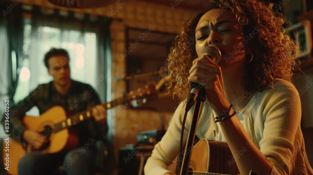 A woman holds a guitar and sings into a microphone, capturing the moment with her music A woman holds a guitar and sings into a microphone, capturing the moment with her music