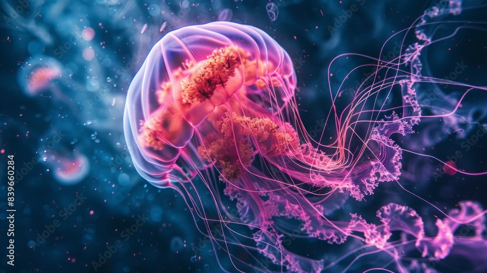sea with brains and tail jellyfish glowing. sea with brains and tail jellyfish glowing.