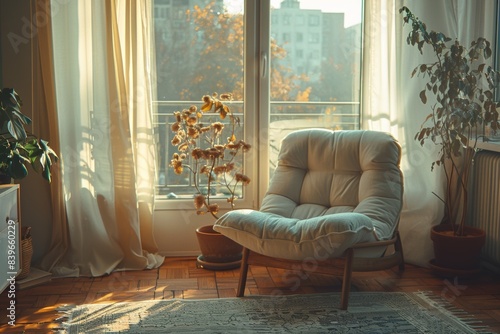 mental health retreat, a tranquil scene with a cozy chair in gentle lighting, representing calmness and mental wellness for relaxation photo