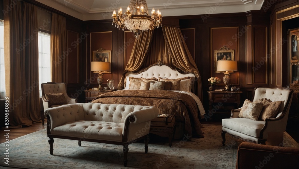 Fototapeta premium Classic and elegant interior design ideas, traditional bedroom with daylight, rich wood tones, ornate details, and warm color palette, cozy interior