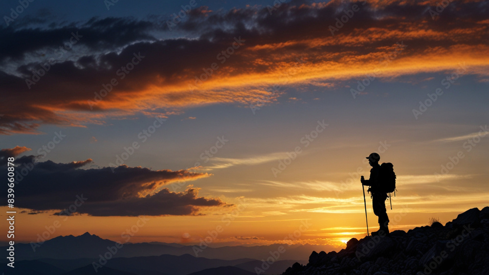 Majestic Mountain Trekker Silhouette - Lone Trekker Admiring Mountain Summit at Sunset. Majestic Mountain Trekker Silhouette - Lone Trekker Admiring Mountain Summit at Sunset.