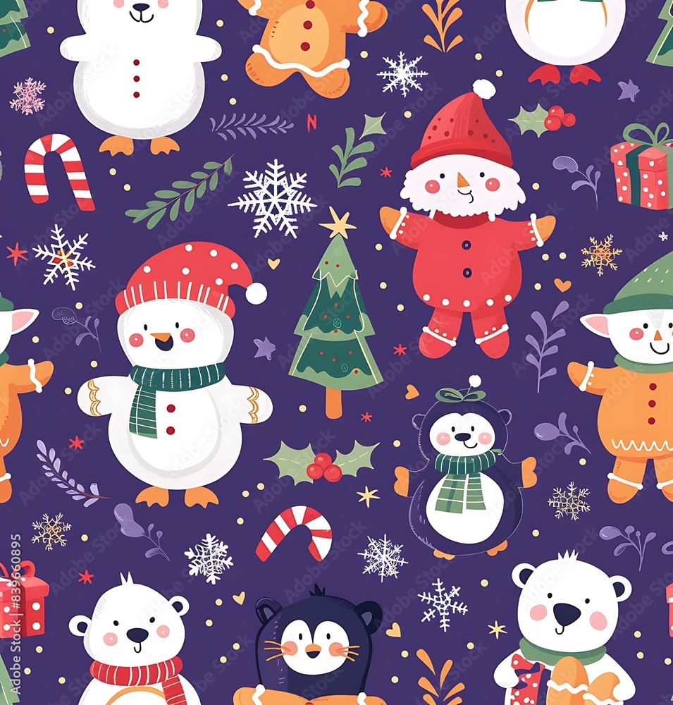 A seamless pattern of cute Christmas characters like elves, penguins and polar bears with gingerbread A seamless pattern of cute Christmas characters like elves, penguins and polar bears with gingerbread