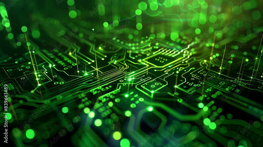 A detailed view of a verdant circuit board set against a dark backdrop A detailed view of a verdant circuit board set against a dark backdrop