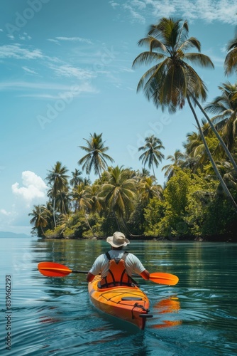 A person in a hat paddling a kayak on calm waters © Ева Поликарпова