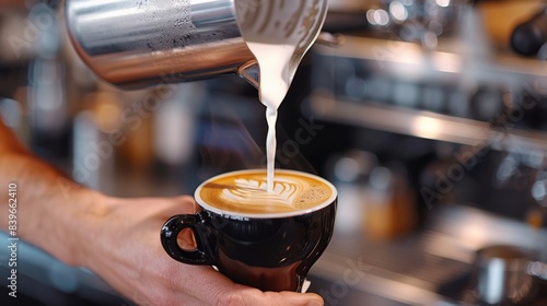 coffee art display, close-up shot of a barista creating coffee art by pouring steamed milk into a cup of coffee, ideal for showcasing the craft of coffee making, with space for text photo