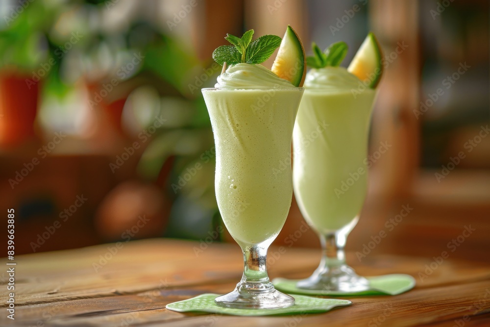 A pair of glasses filled with drinks sitting on a wooden table A pair of glasses filled with drinks sitting on a wooden table