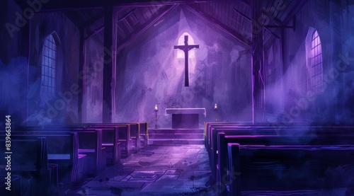 purple light Wooden Cross on Empty Pew for Ash Wednesday. Ash cross on an empty pew, symbolizing Ash Wednesday, simple wooden church interior, somber and introspective 