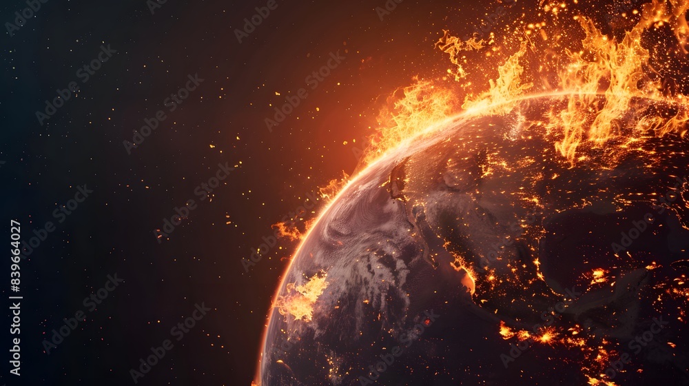 Fototapeta premium Earth burning in space, global warming