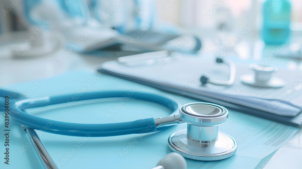 Close up of a stethoscope on a table. Medical devices in hospital. Close up of a stethoscope on a table. Medical devices in hospital.