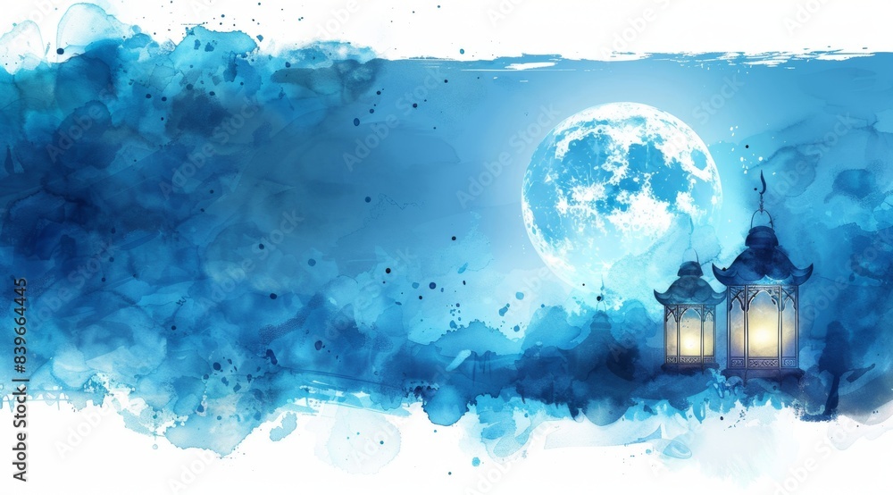 ramadan kareem background banner islamic greeting cards for muslim holidays and ramadan blue banner with moon and lantern