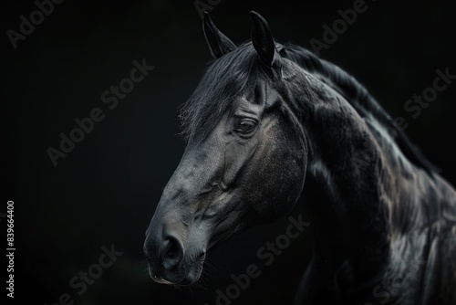 A close-up shot of a horse's head against a black background