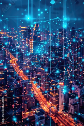 Wallpaper Mural Nighttime cityscape with interconnected lines and dots Torontodigital.ca