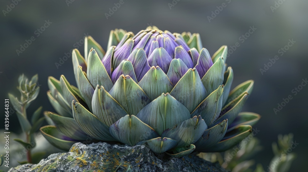 Purple and green artichoke perched on top of a rocky surface Purple and green artichoke perched on top of a rocky surface