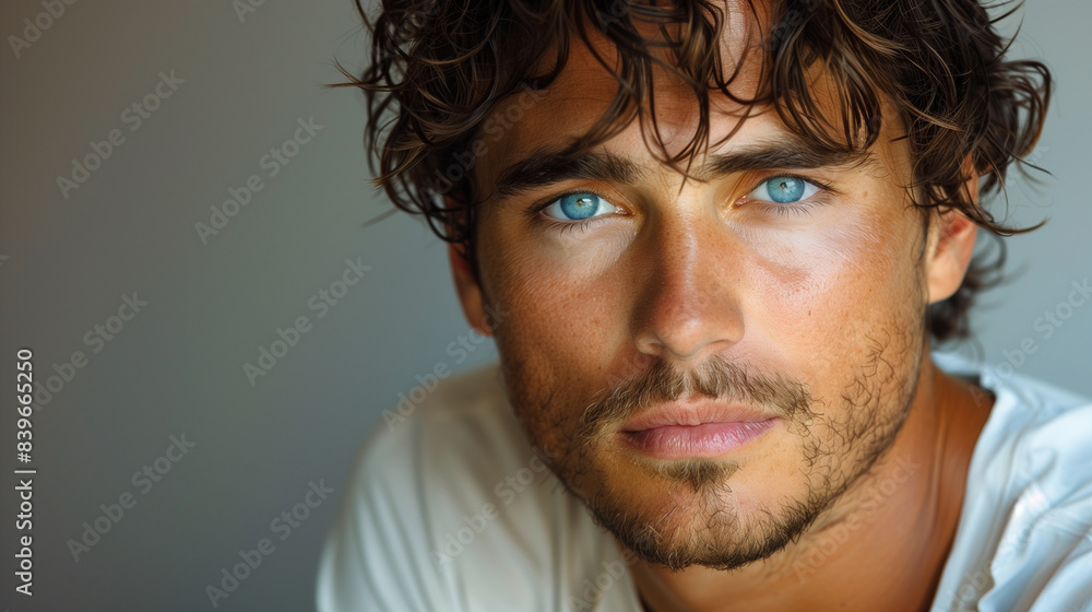 A man with wavy brown hair and piercing blue eyes looks directly at the camera. He has a light complexion and a trimmed beard A man with wavy brown hair and piercing blue eyes looks directly at the camera. He has a light complexion and a trimmed beard
