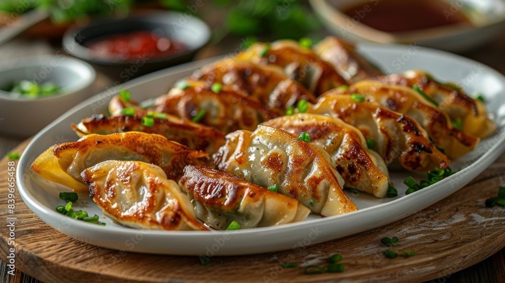 japanese cuisine, neatly arranged on a white plate, these gyoza dumplings are perfect for sharing with loved ones and friends japanese cuisine, neatly arranged on a white plate, these gyoza dumplings are perfect for sharing with loved ones and friends