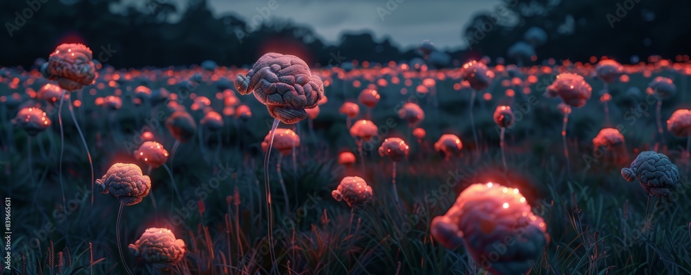 field with many glowing brains at dusk. field with many glowing brains at dusk.
