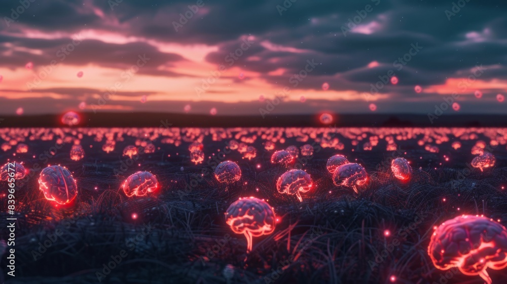 field with many glowing brains at dusk. field with many glowing brains at dusk.