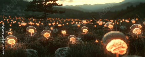 field with many glowing brains at dusk.